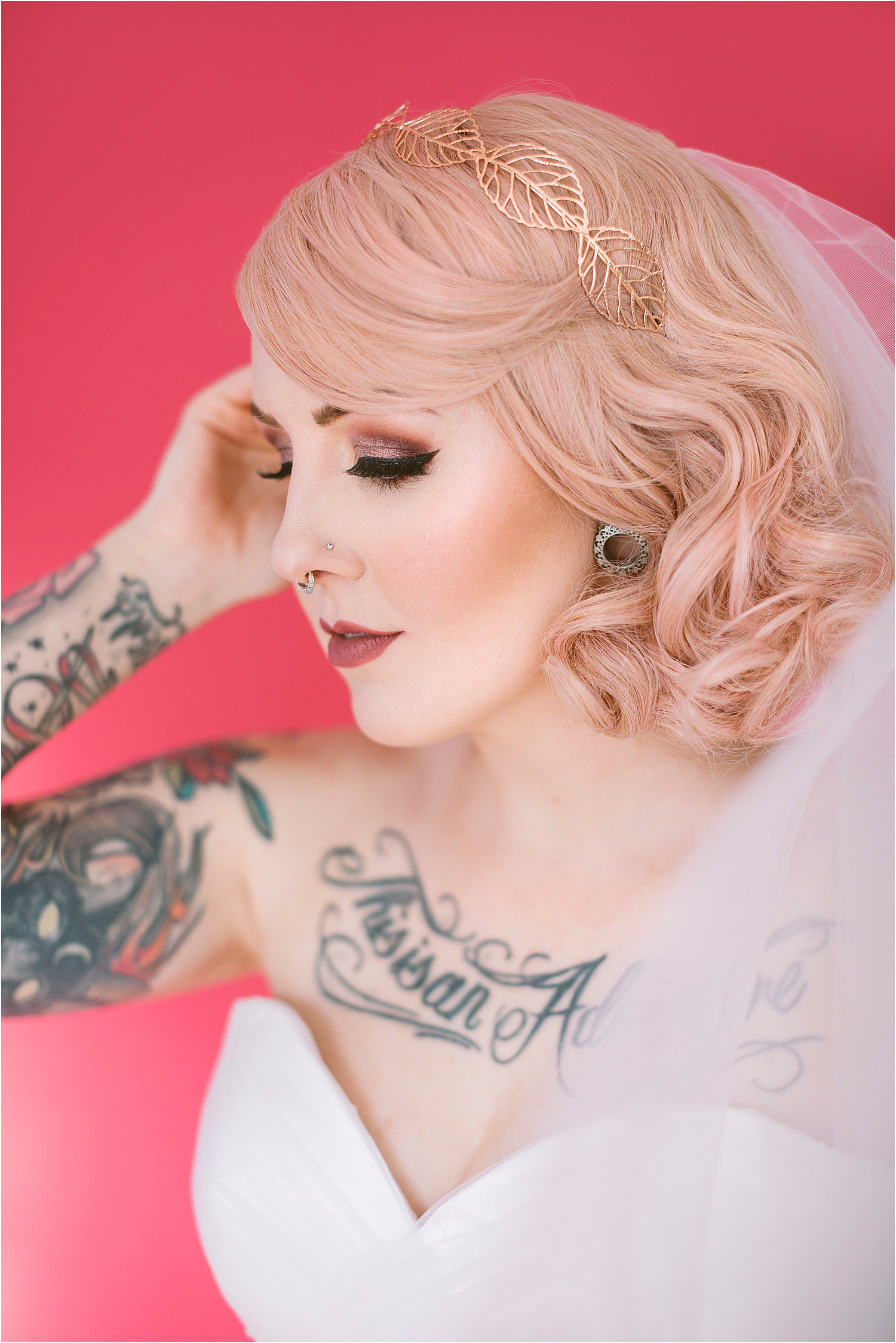 pink backdrop bridal shoot